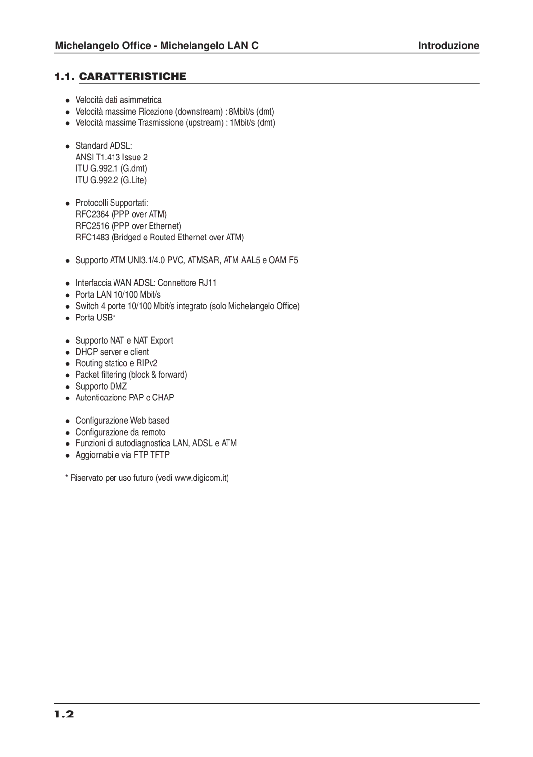 Digicom ADSL manual Caratteristiche 