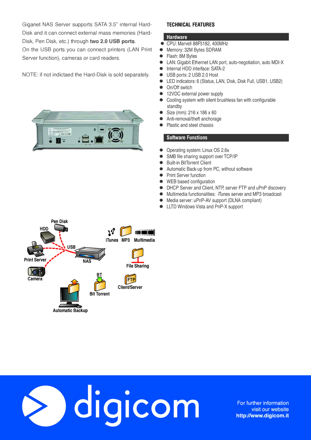 Digicom BE4413 manual Hdd, Usb, Nas, Ftp, Technical Features 