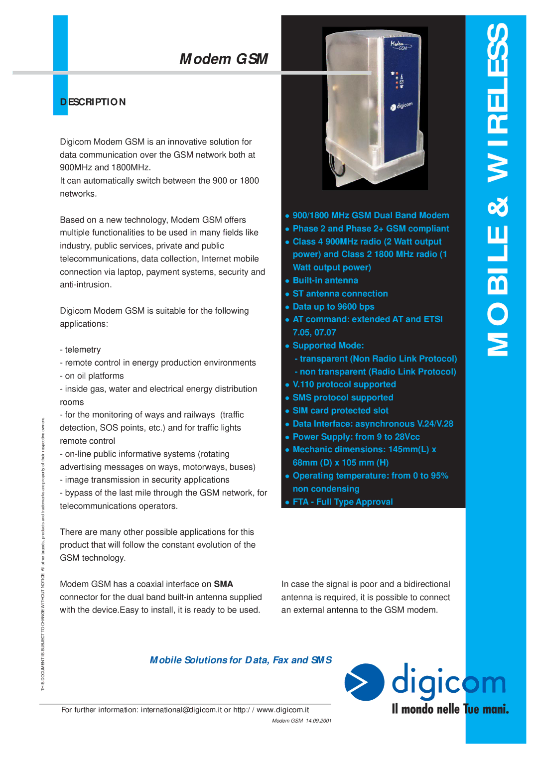 Digicom Dual Band Modem dimensions Mobile & Wireless, Modem GSM, Description, Mobile Solutions for Data, Fax and SMS 