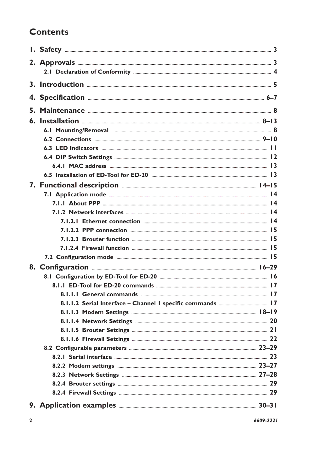 Digicom ED-20 PPP installation manual Contents 