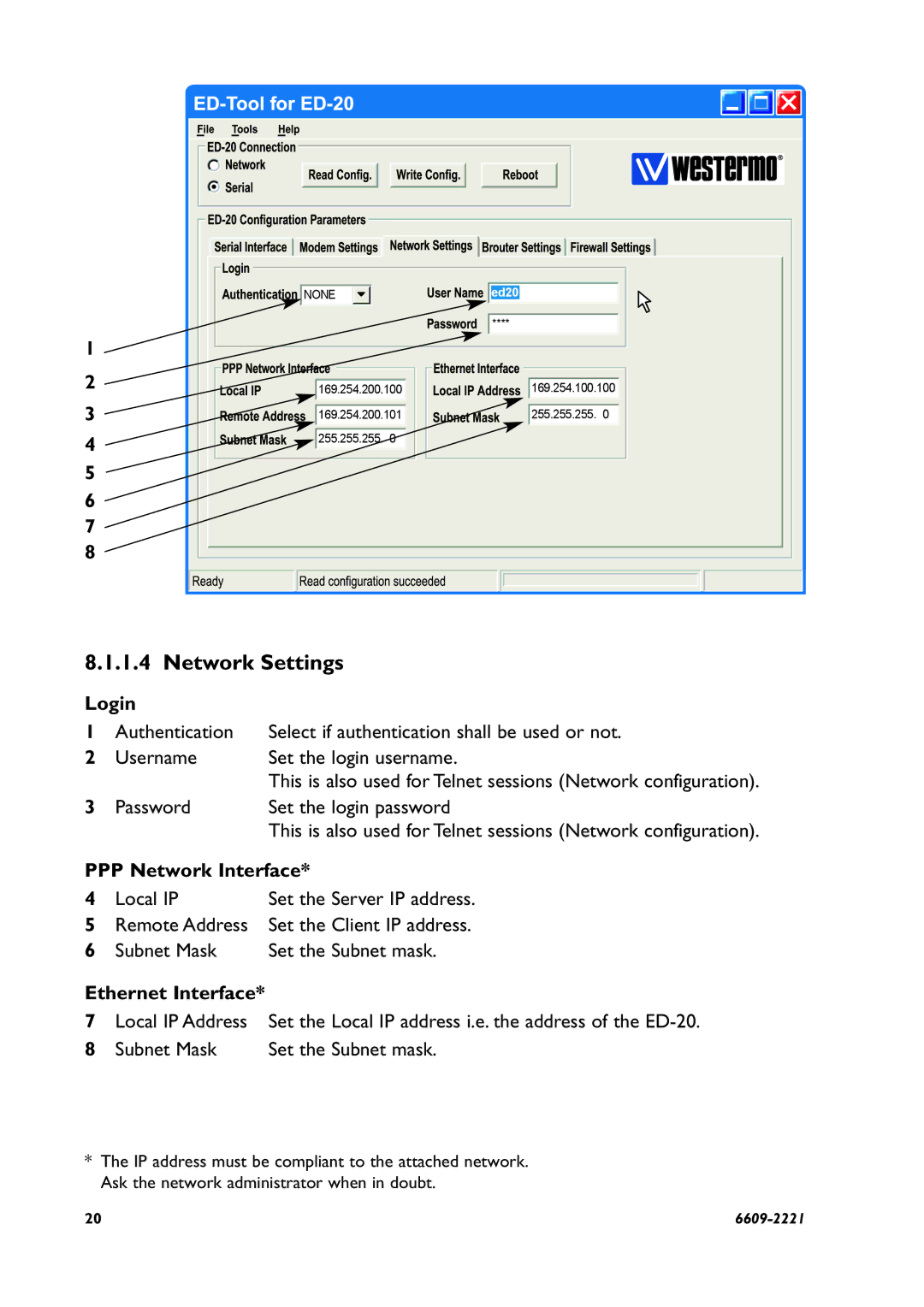 Digicom ED-20 PPP Network Settings, Login, Password Set the login password, PPP Network Interface, Ethernet Interface 