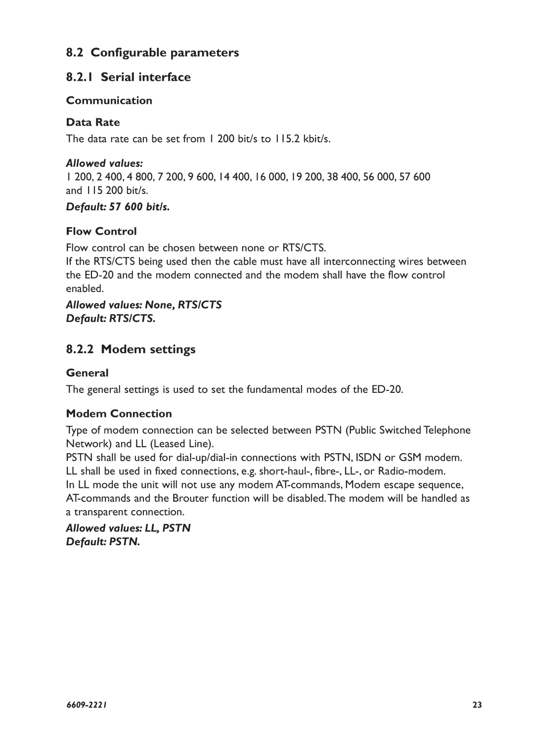 Digicom ED-20 PPP installation manual Default 57 600 bit/s, Allowed values None, RTS/CTS Default RTS/CTS 