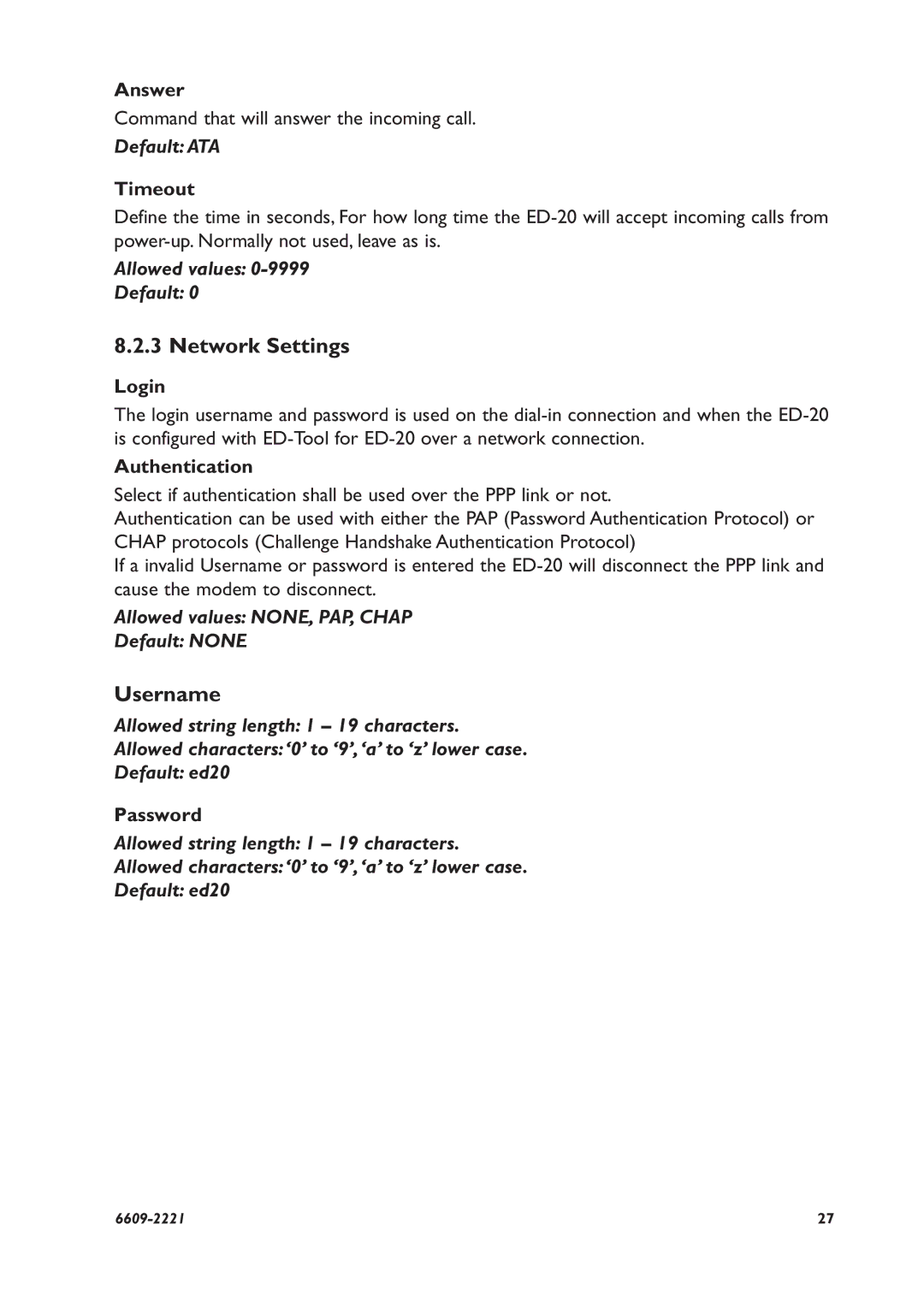 Digicom ED-20 PPP Username, Default ATA, Allowed values Default, Allowed values NONE, PAP, Chap Default None 