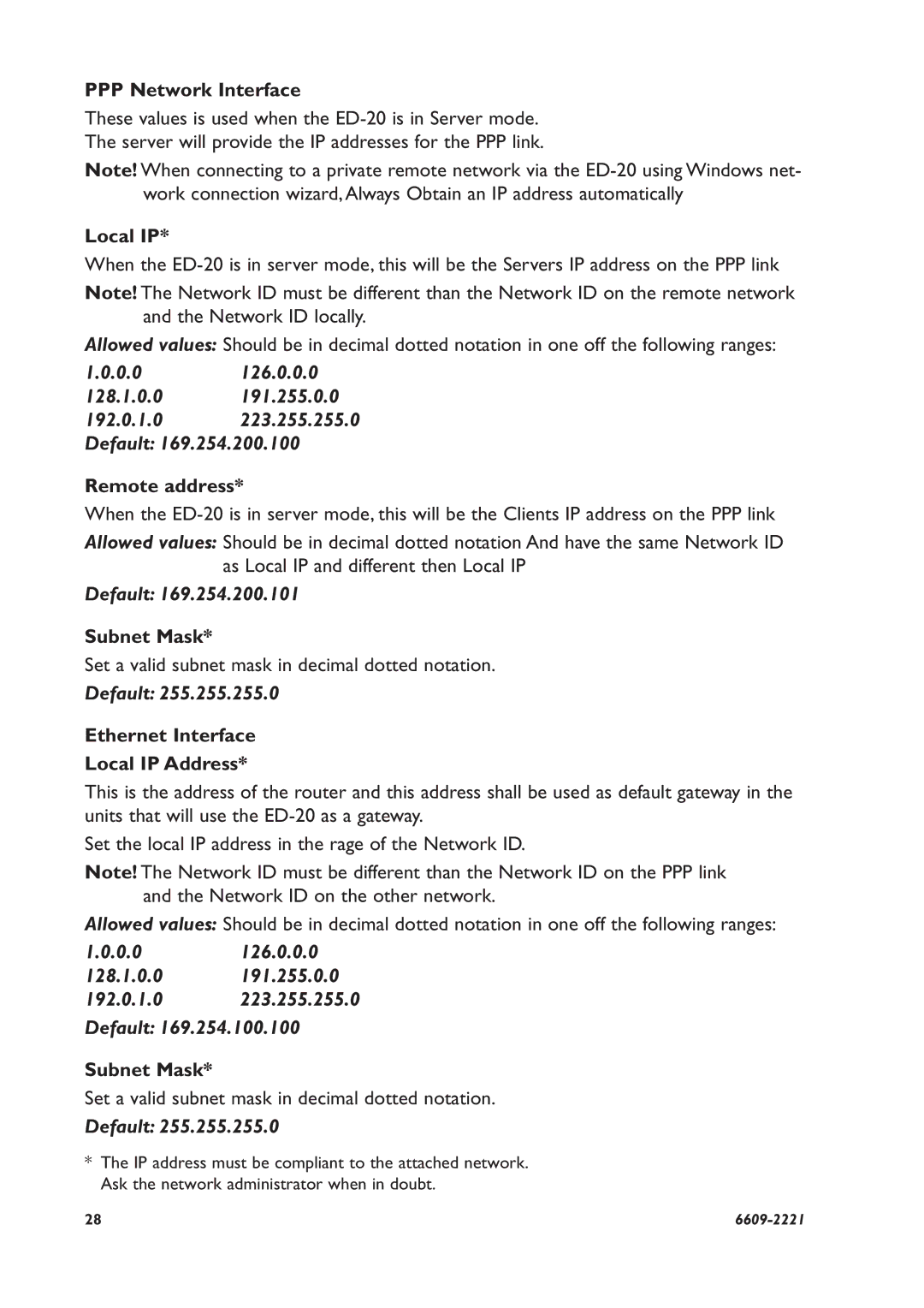 Digicom ED-20 PPP installation manual Local IP, 0.0126.0.0.0 128.1.0.0 192.0.1.0 Default, Remote address, Subnet Mask 