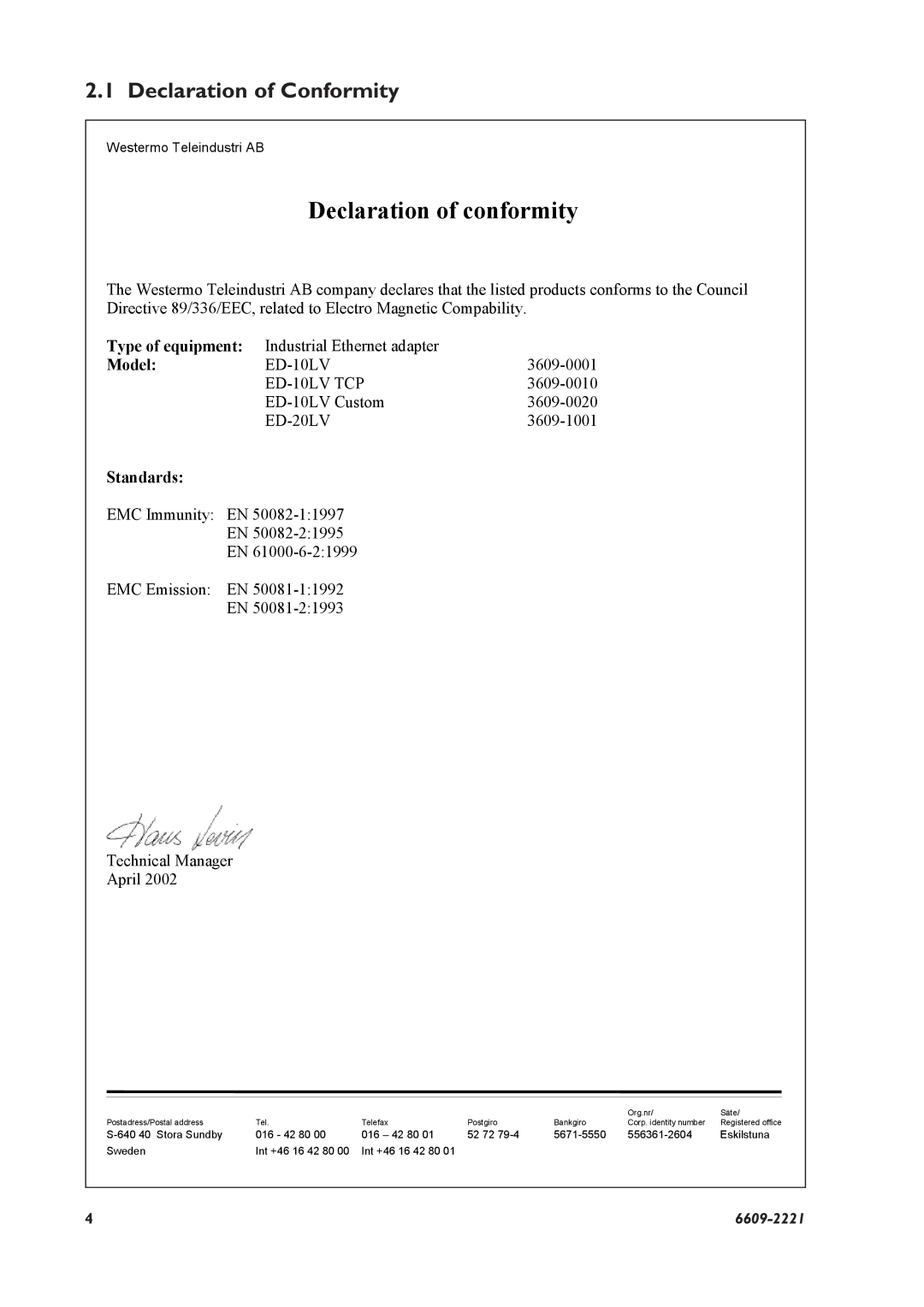 Digicom ED-20 PPP installation manual Declaration of conformity, Declaration of Conformity 