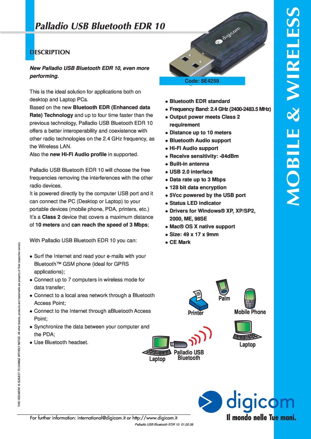 Digicom EDR 10 manual Mobile, Wireless, Palladio USB Bluetooth EDR, Description, Laptop, Palm, Printer, performing 