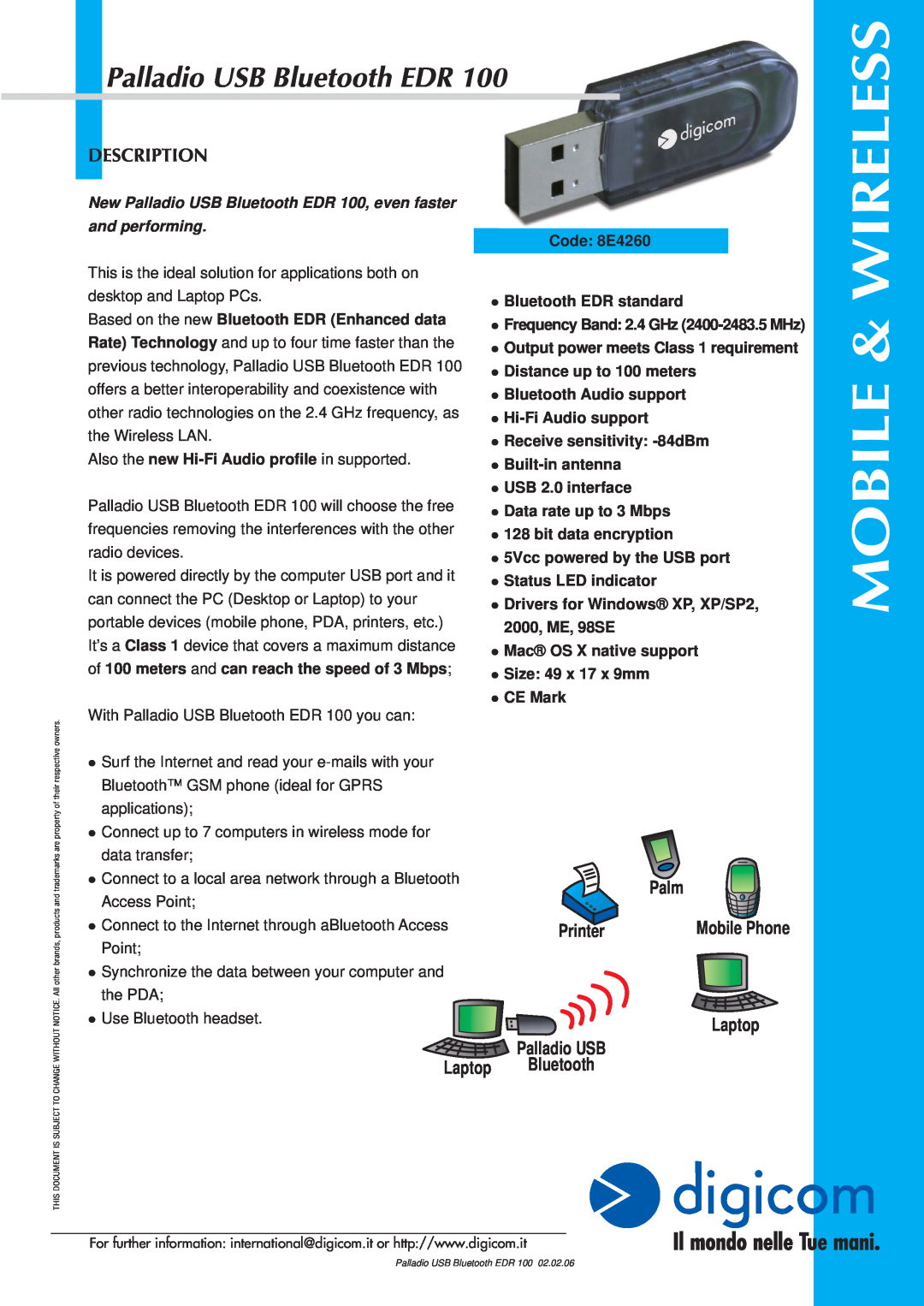 Digicom EDR 100 manual Mobile, Wireless, Palladio USB Bluetooth EDR, Description, Laptop, Palm, Printer, and performing 