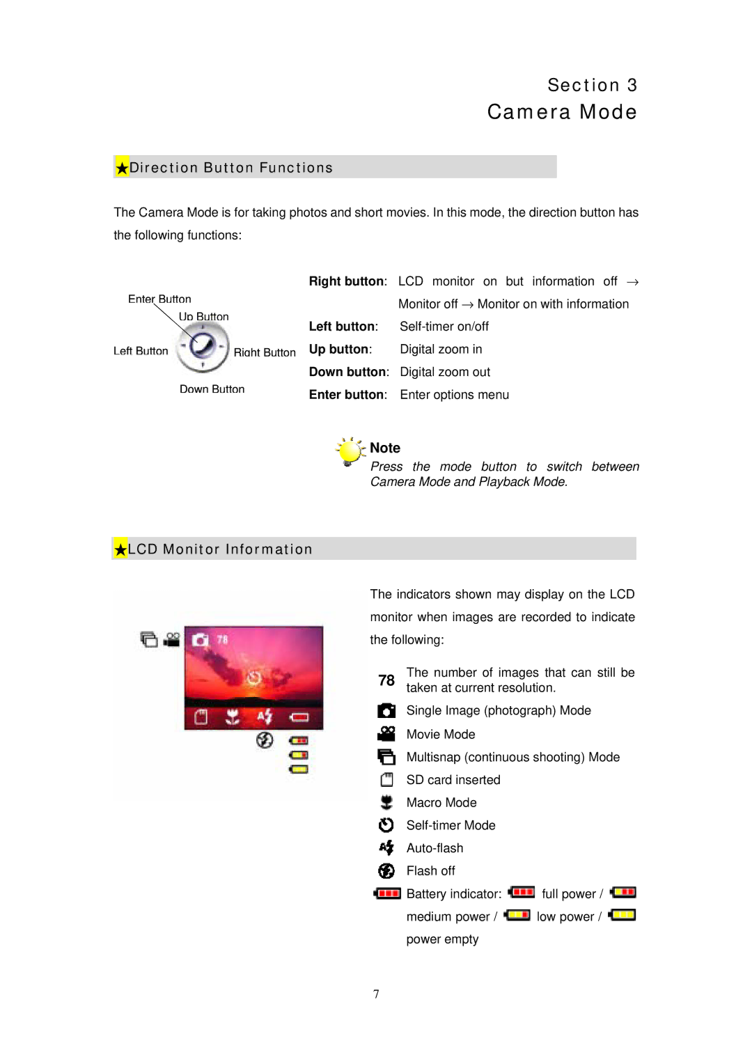 Digicom ES3310 manual Camera Mode, Direction Button Functions, LCD Monitor Information 