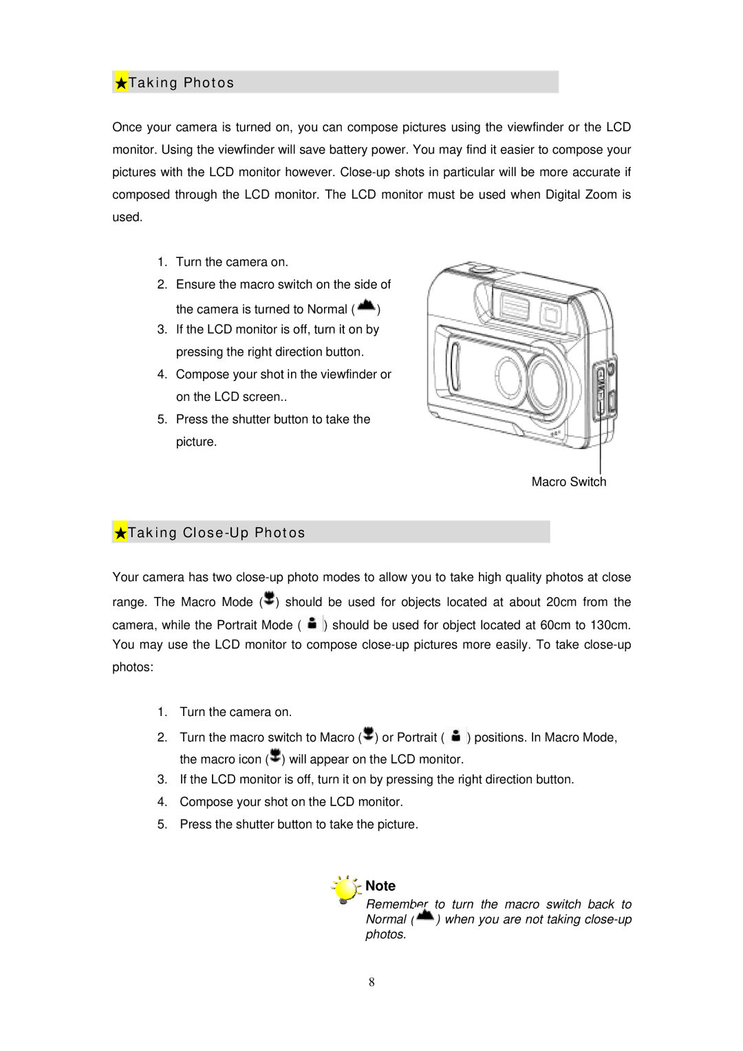 Digicom ES3310 manual Taking Photos, Taking Close-Up Photos 