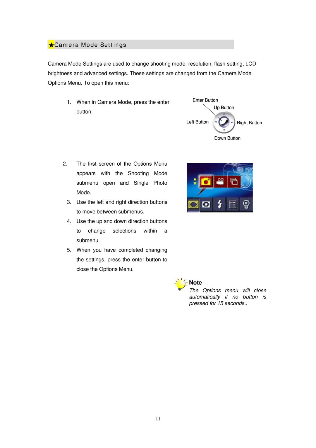 Digicom ES3310 manual Camera Mode Settings 