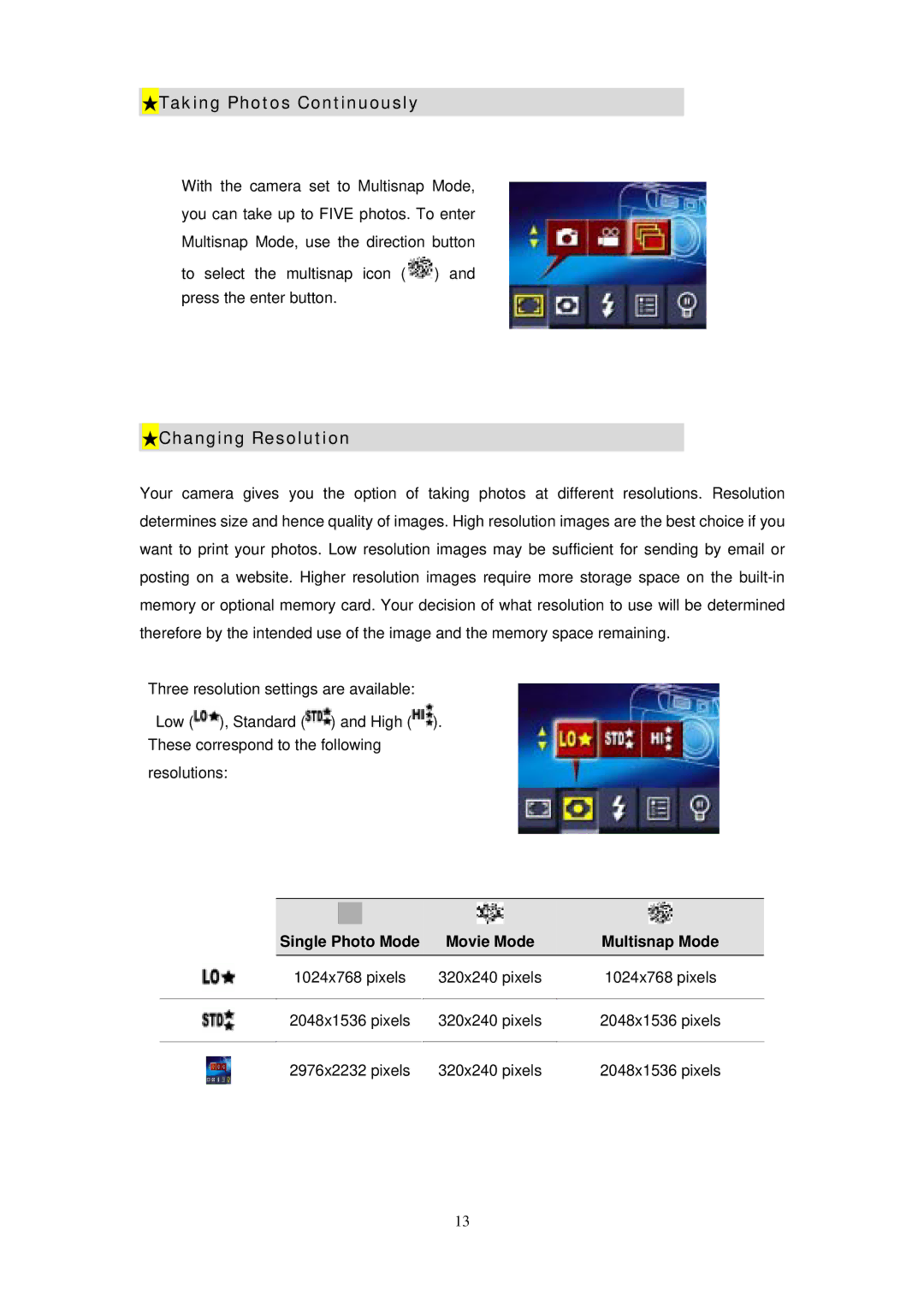 Digicom ES3310 manual Taking Photos Continuously, Changing Resolution 