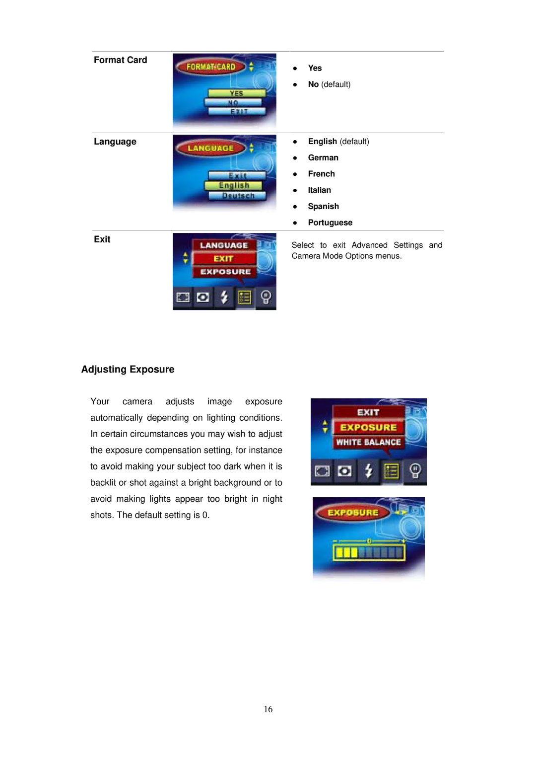 Digicom ES3310 manual Adjusting Exposure, Format Card Language Exit 