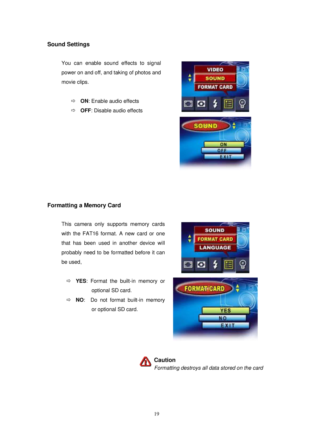 Digicom ES3310 manual Sound Settings, Formatting a Memory Card 