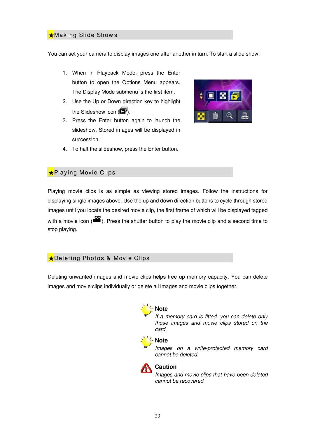 Digicom ES3310 manual Making Slide Shows, Playing Movie Clips, Deleting Photos & Movie Clips 