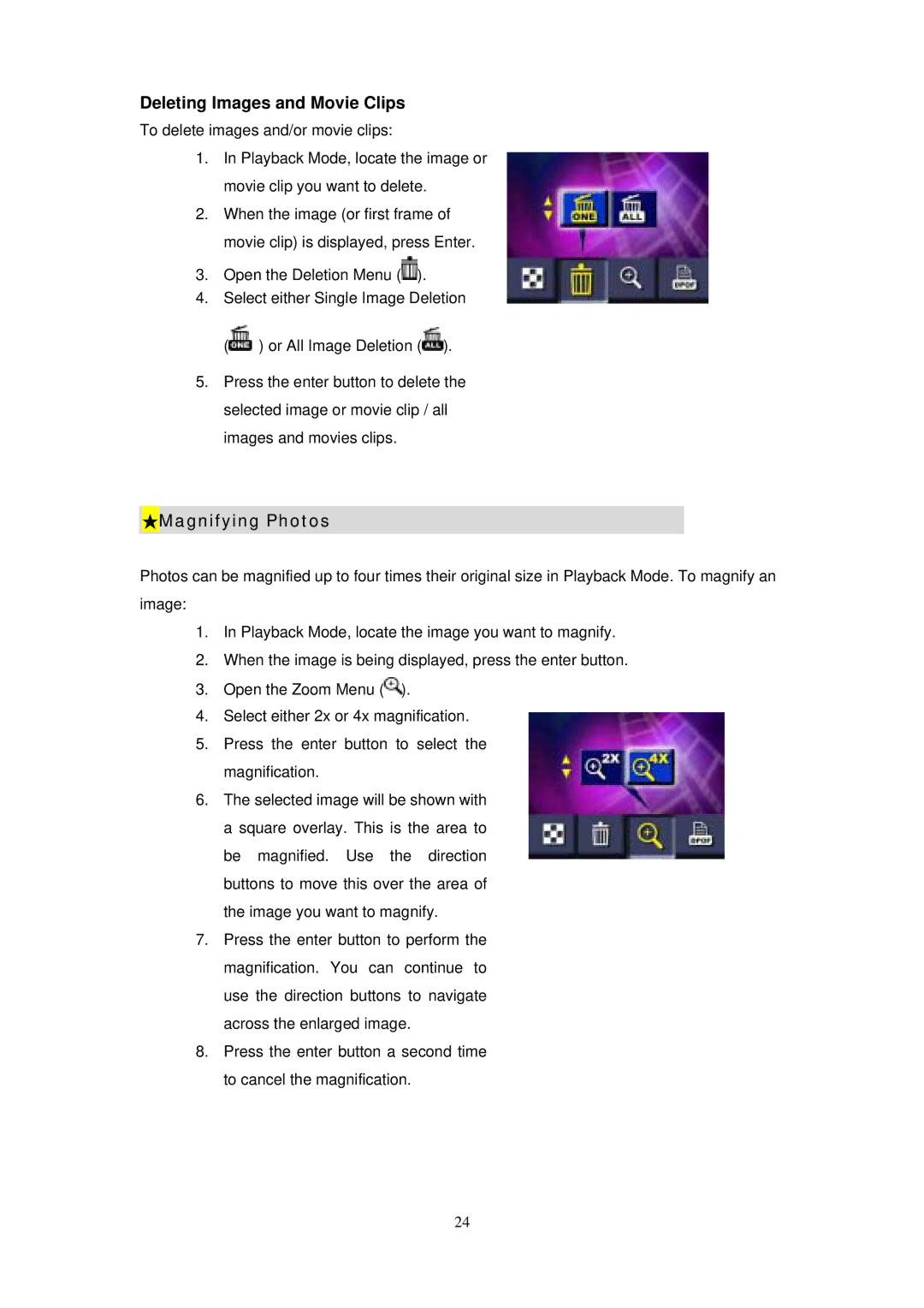 Digicom ES3310 manual Deleting Images and Movie Clips, Magnifying Photos 