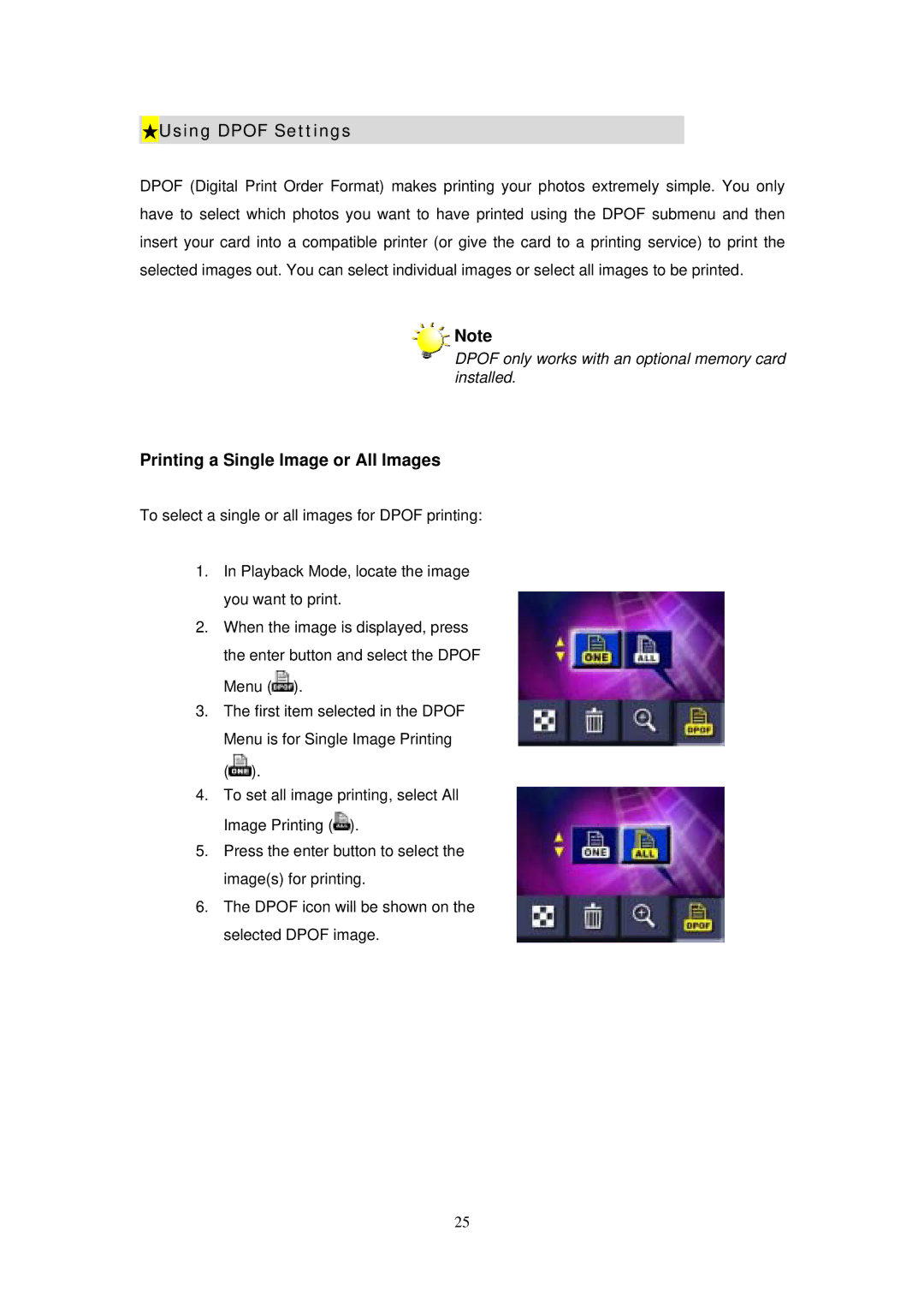 Digicom ES3310 manual Using Dpof Settings, Printing a Single Image or All Images 