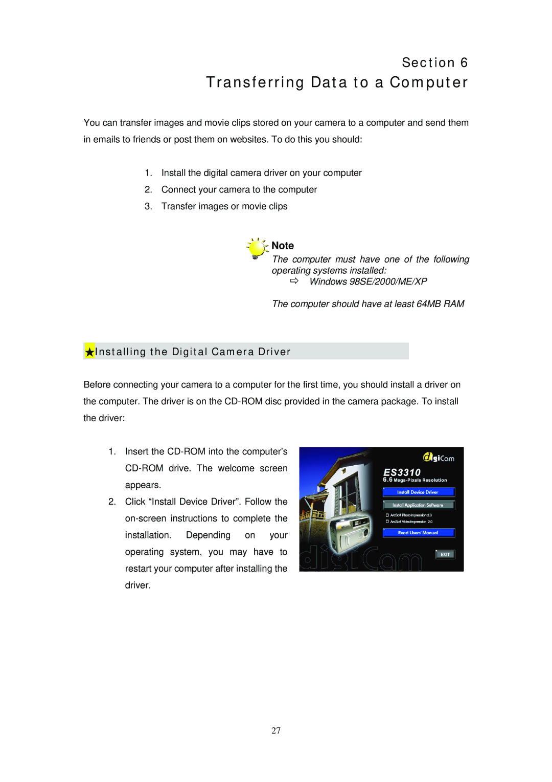 Digicom ES3310 manual Transferring Data to a Computer, Installing the Digital Camera Driver 