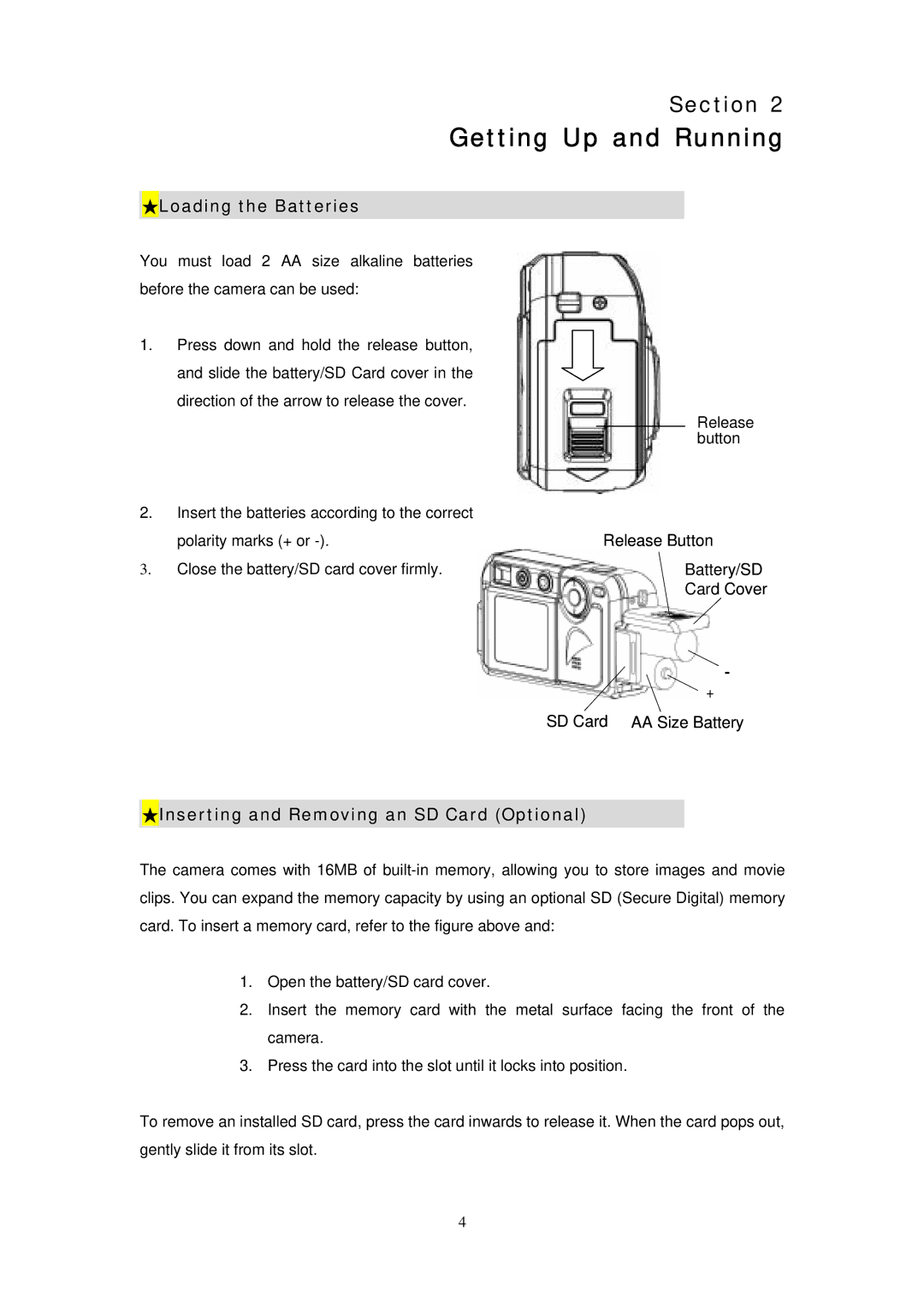 Digicom ES3310 manual Getting Up and Running, Loading the Batteries, Inserting and Removing an SD Card Optional 