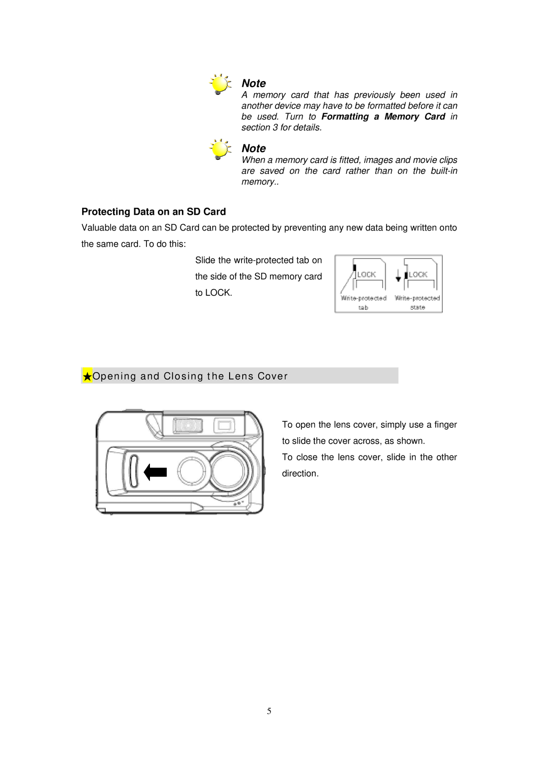 Digicom ES3310 manual Protecting Data on an SD Card, Opening and Closing the Lens Cover 