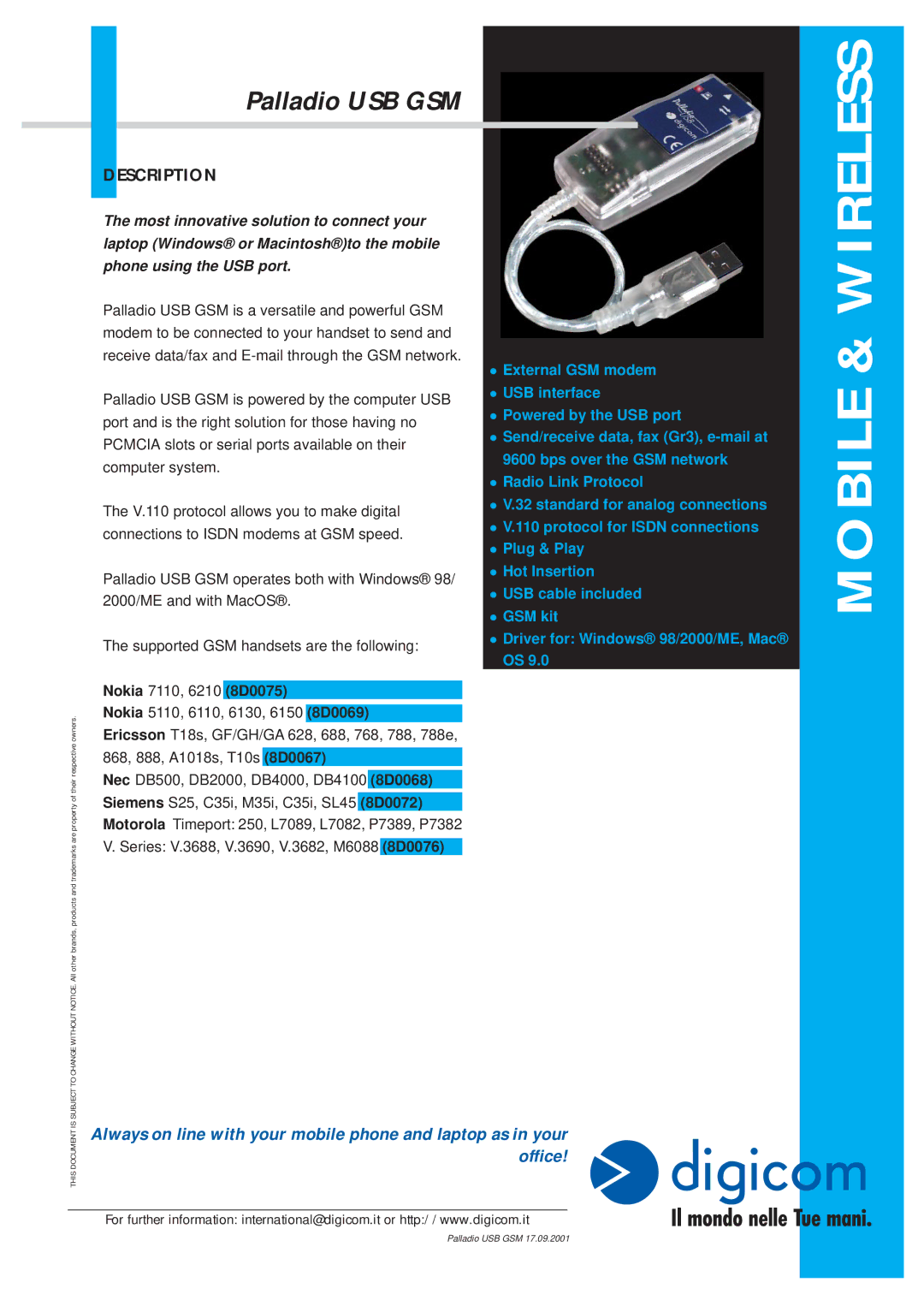 Digicom External GSM Modem manual Mobile & Wireless, Palladio USB GSM, Description, Nokia 7110, 6210 8D0075 