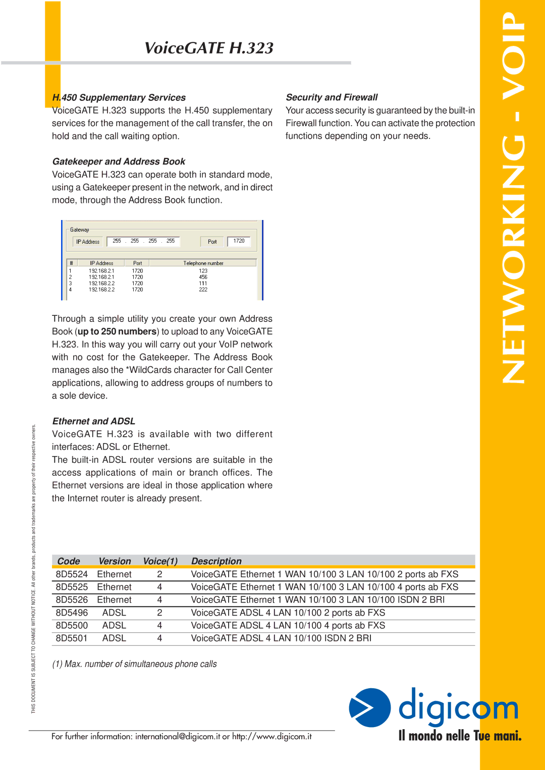 Digicom H.323 manual Networking Voip, Supplementary Services Security and Firewall, Gatekeeper and Address Book 