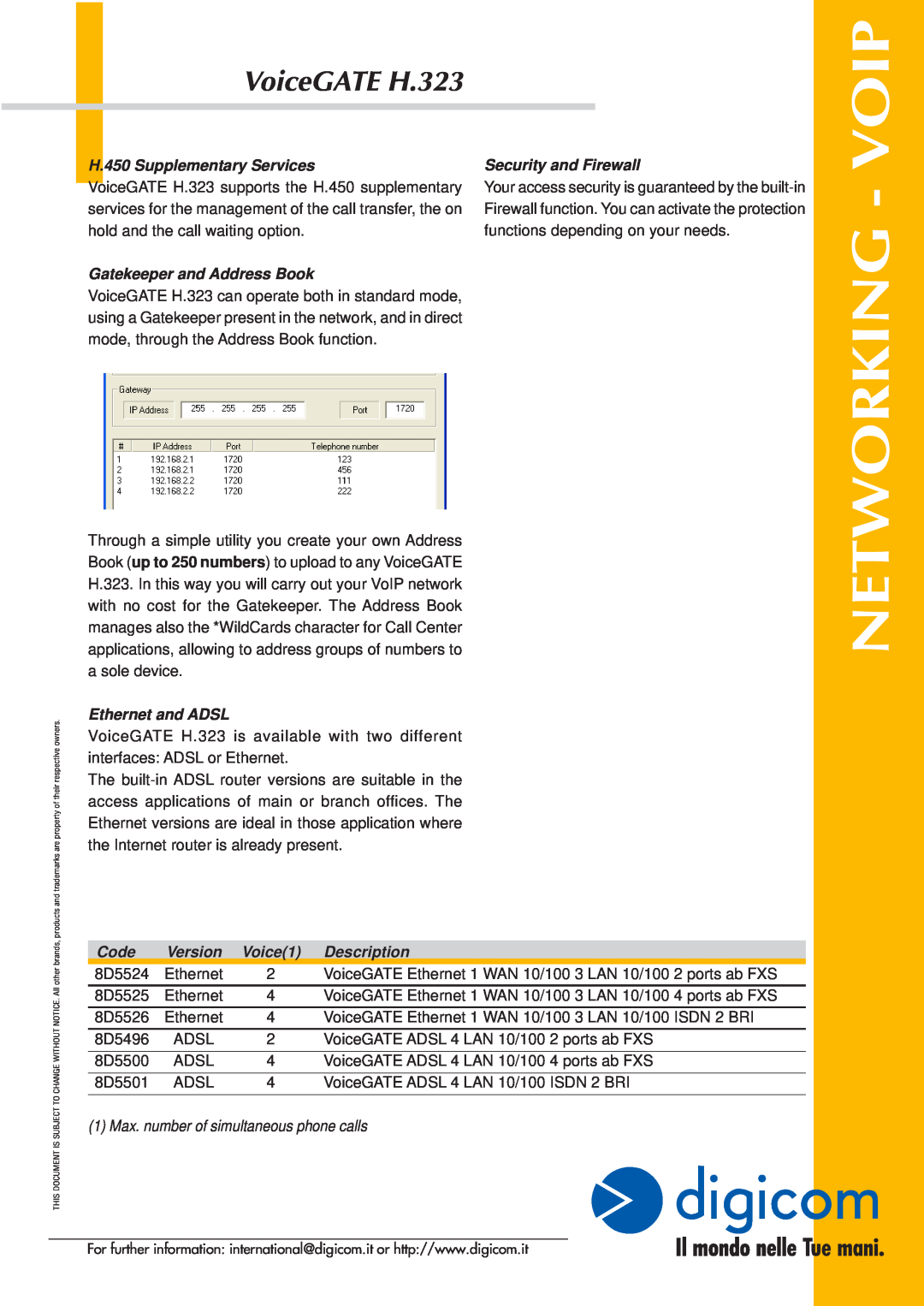Digicom H.323 Networking - Voip, H.450 Supplementary Services, Security and Firewall, Gatekeeper and Address Book, Code 