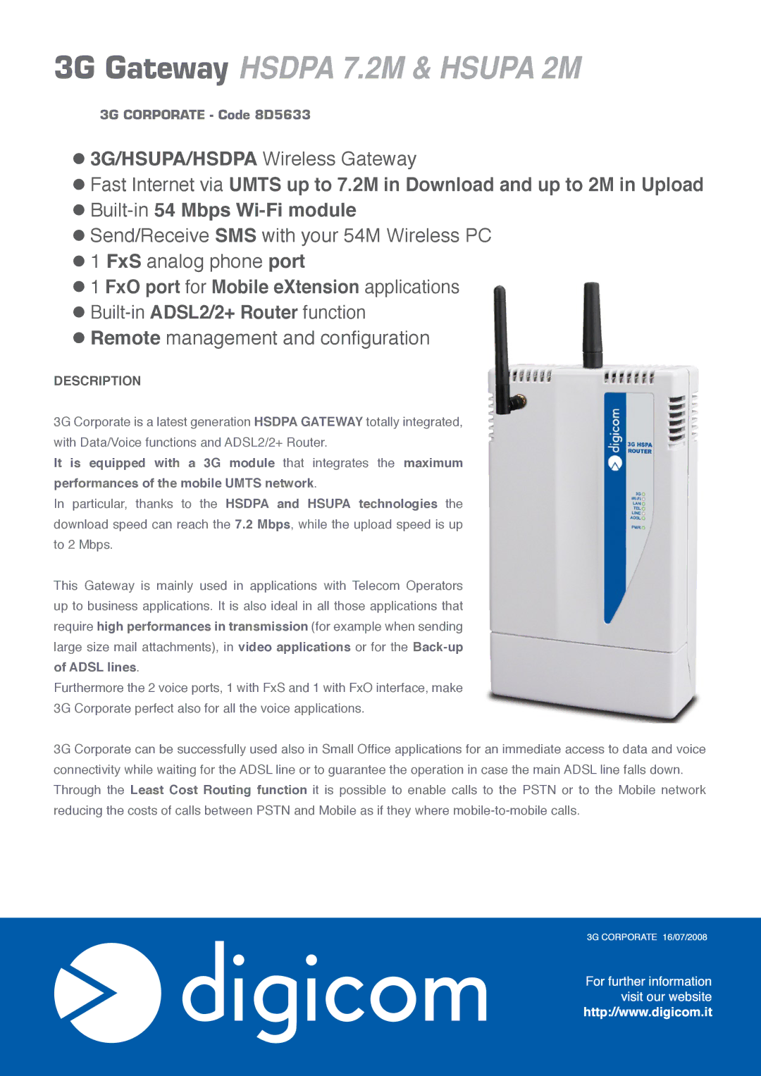 Digicom HSUPA 2M, HSDPA 7.2M manual 3G Gateway Hsdpa 7.2M & Hsupa 2M 