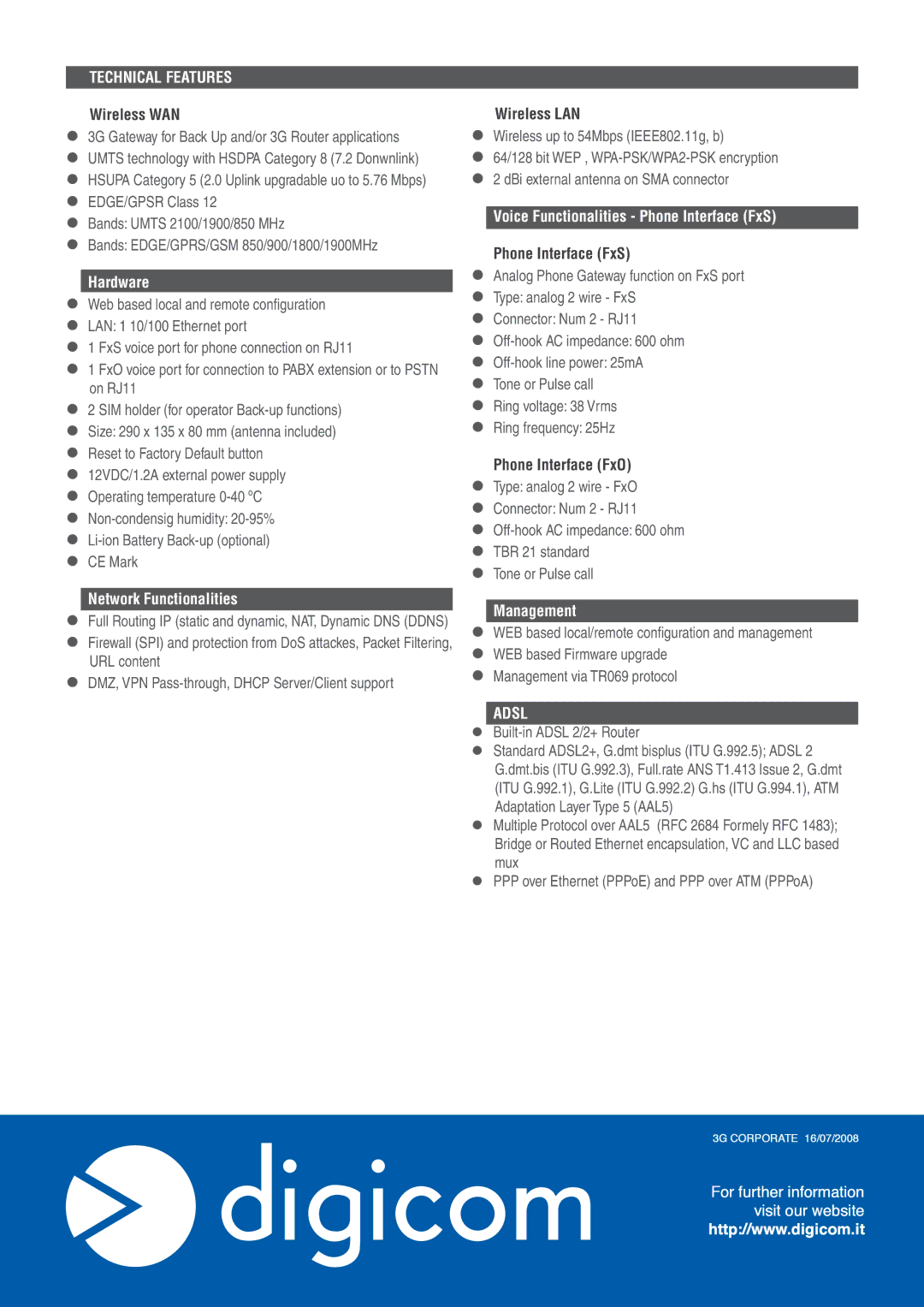 Digicom HSUPA 2M, HSDPA 7.2M manual Technical Features, Hardware, Network Functionalities, Management, Adsl 