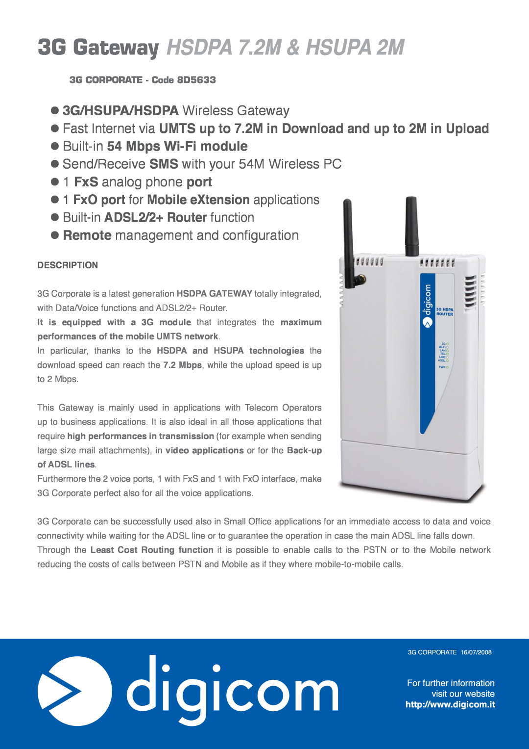 Digicom manual For further information, 3G Gateway HSDPA 7.2M & HSUPA 2M, 3G/HSUPA/HSDPA Wireless Gateway, Description 