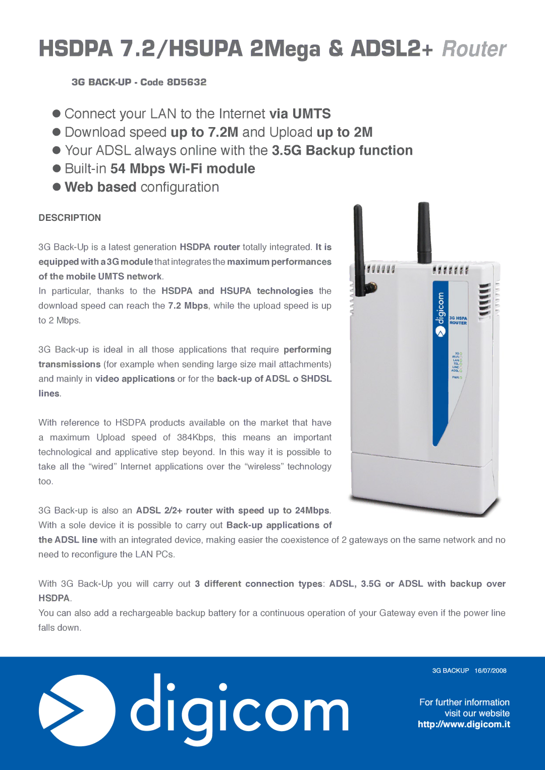 Digicom HSDPA manual Hsdpa 7.2/HSUPA 2Mega & ADSL2+ Router, Description 