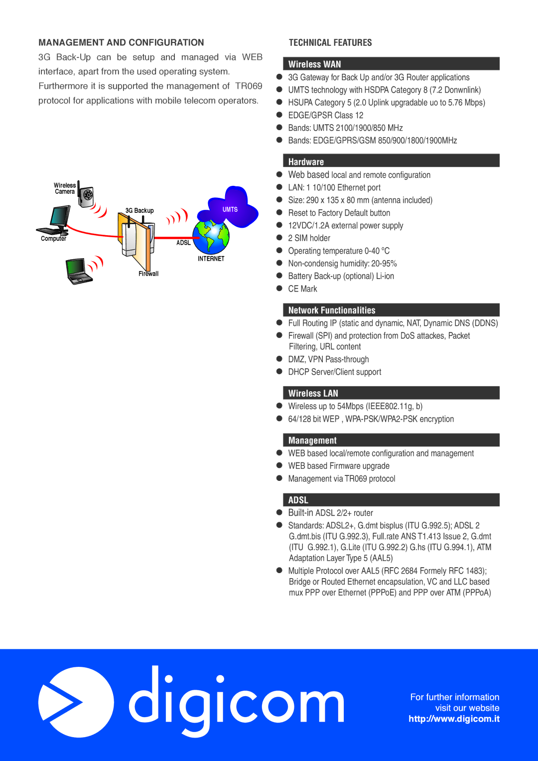 Digicom HSDPA manual Management and Configuration, Technical Features 