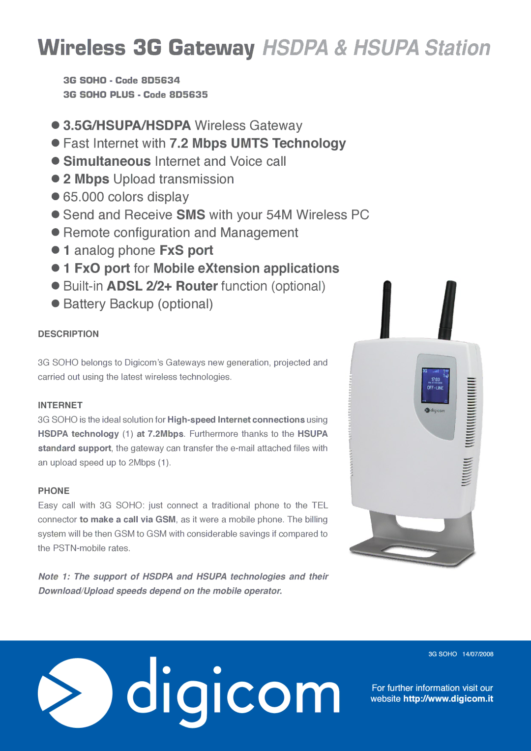 Digicom HSUPA Station manual Description, Internet, Phone 