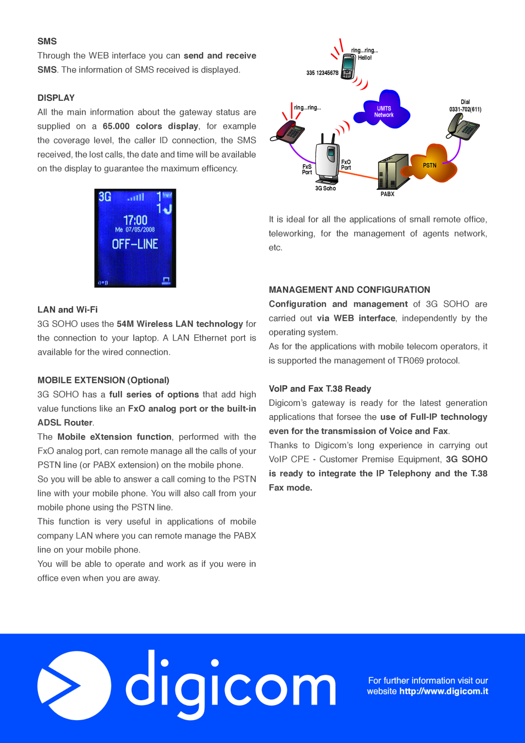 Digicom HSUPA Station manual Sms, Display, LAN and Wi-Fi, Mobile Extension Optional, VoIP and Fax T.38 Ready 