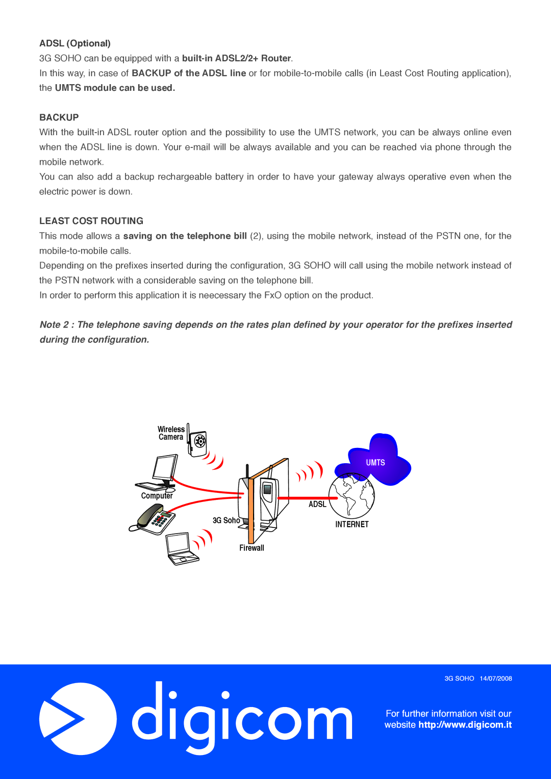 Digicom HSUPA Station manual Adsl Optional, Backup, Least Cost Routing 