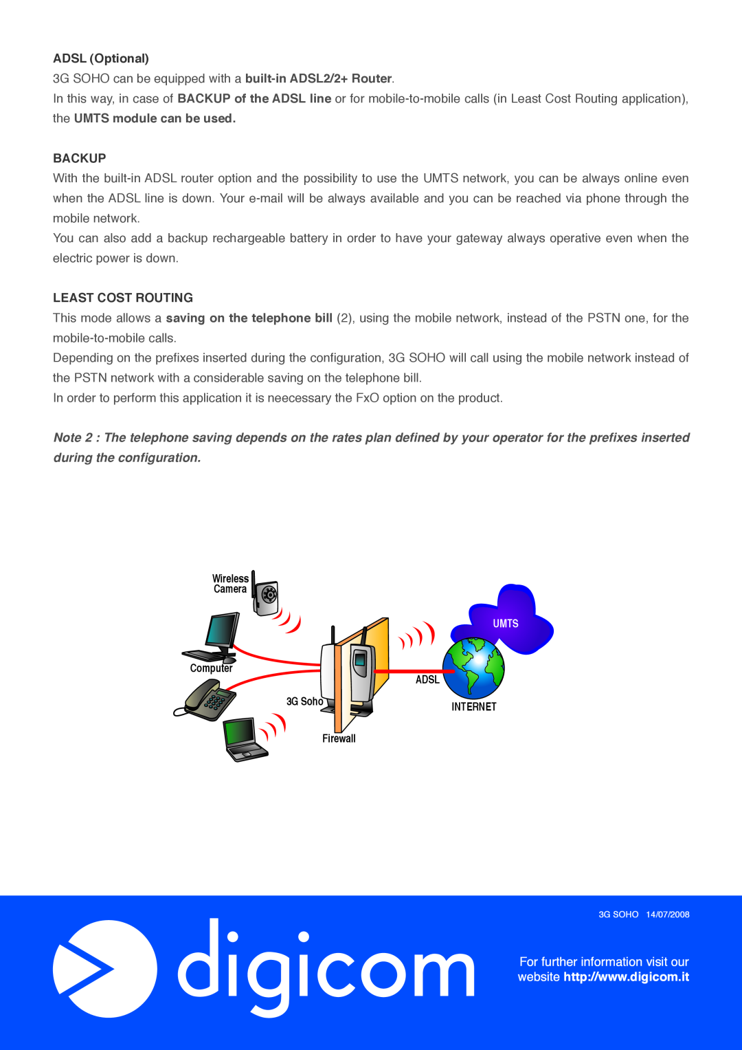 Digicom HSUPA Station manual ADSL Optional, Backup, Least Cost Routing 