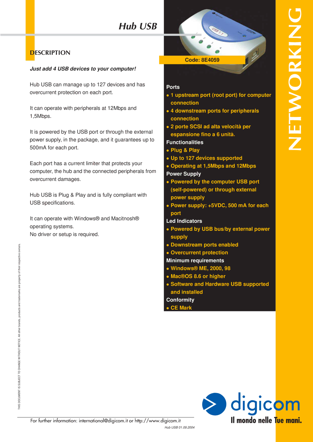 Digicom Hub USB specifications Description, Just add 4 USB devices to your computer 