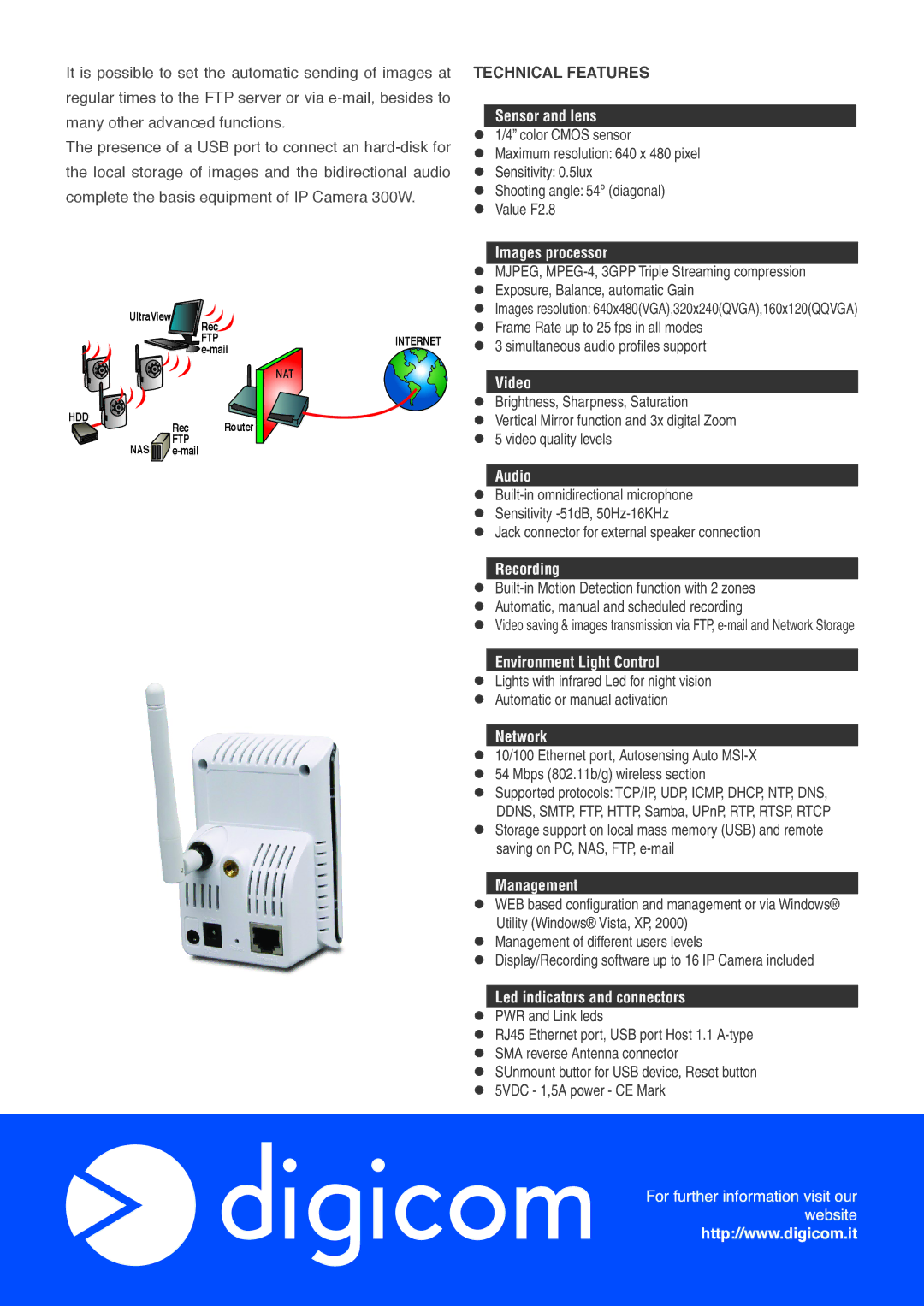 Digicom IP Camera 300W manual Technical Features 