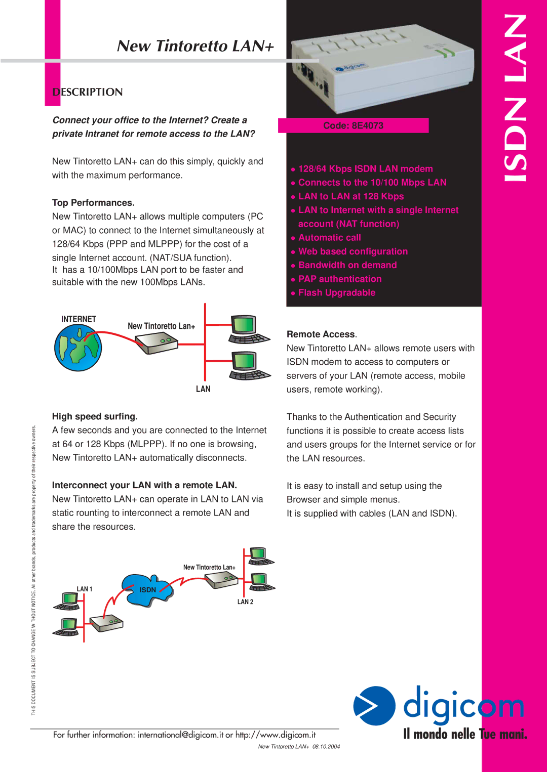 Digicom ISDN LAN Modem manual Lan, Isdn, Description, Internet 