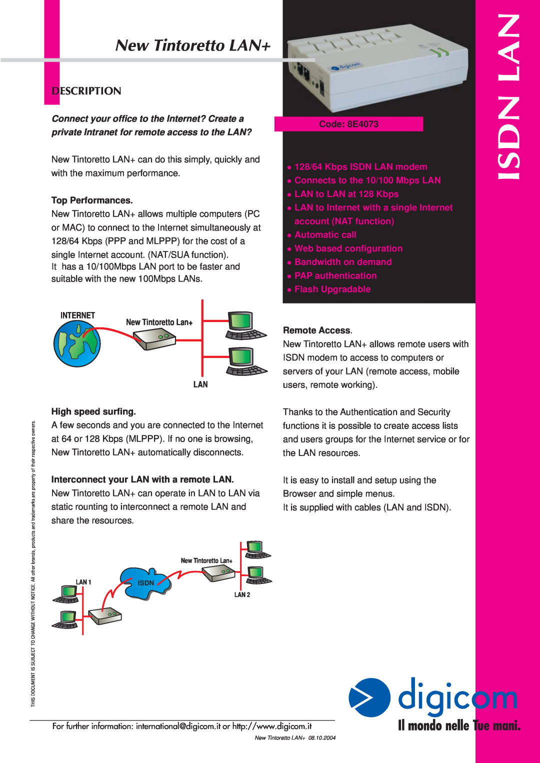 Digicom ISDN LAN Modem manual Isdn, New Tintoretto LAN+, Description, Connect your office to the Internet? Create a 