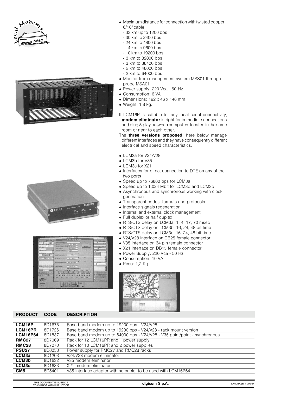 Digicom LCM16P manual Product Code, Description 