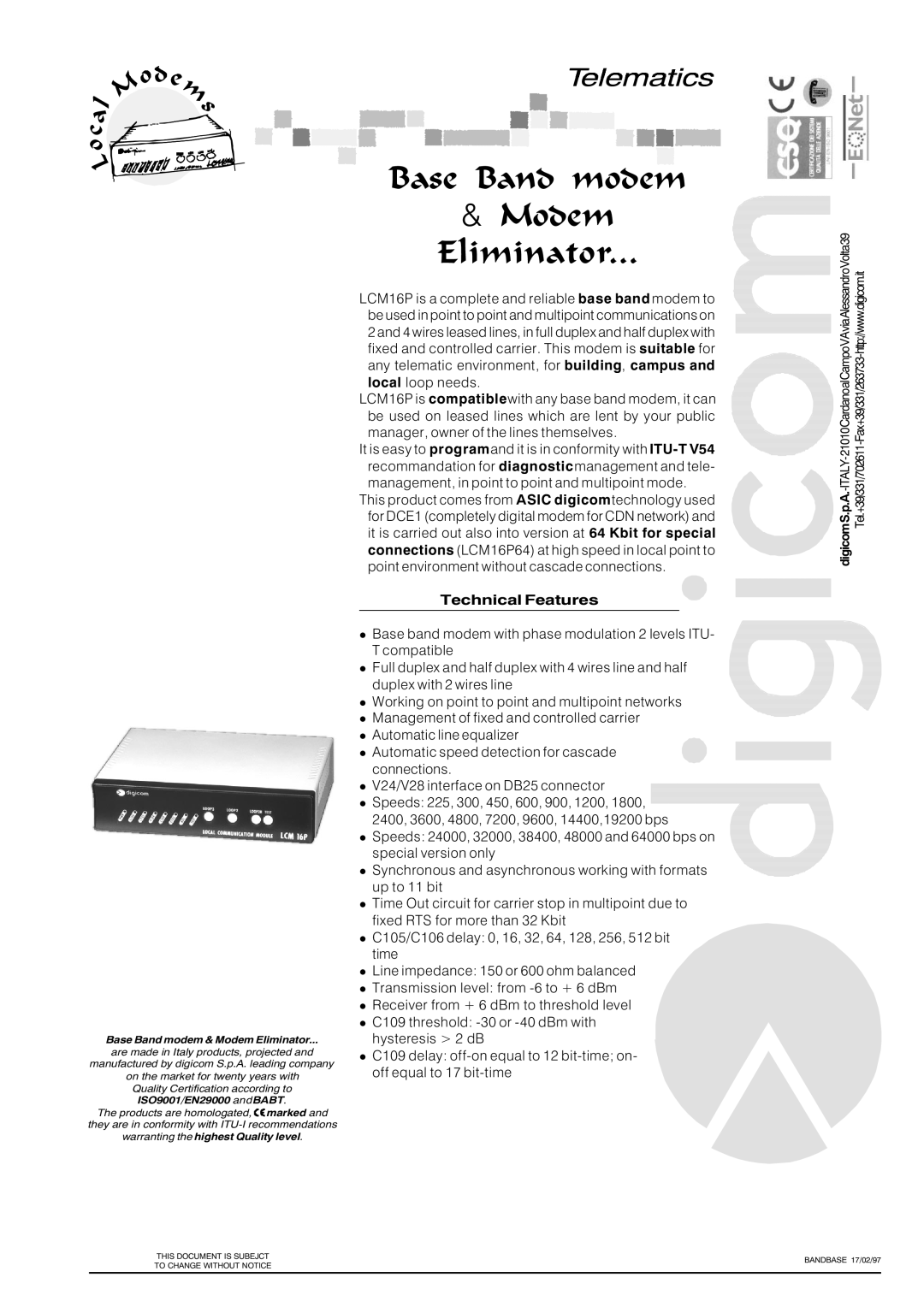 Digicom LCM16P manual Telematics, Base Band modem Modem Eliminator 