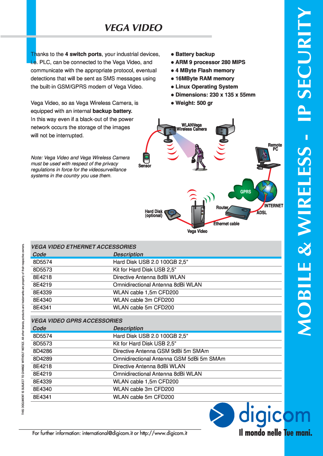 Digicom Network Device manual Vega Video Ethernet Accessories, Code, Description, Vega Video Gprs Accessories 