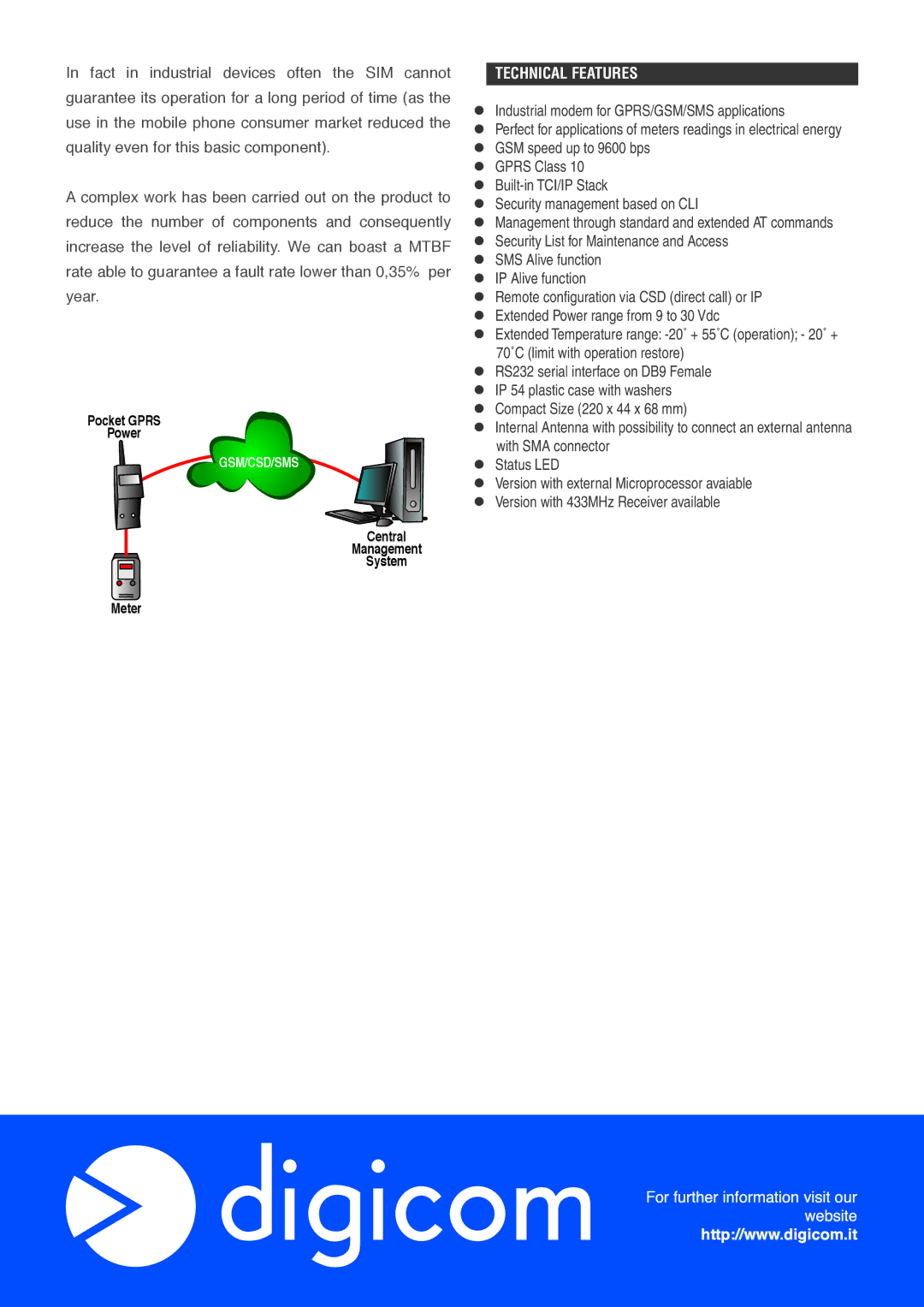 Digicom Pocket GPRS Power manual Technical Features 