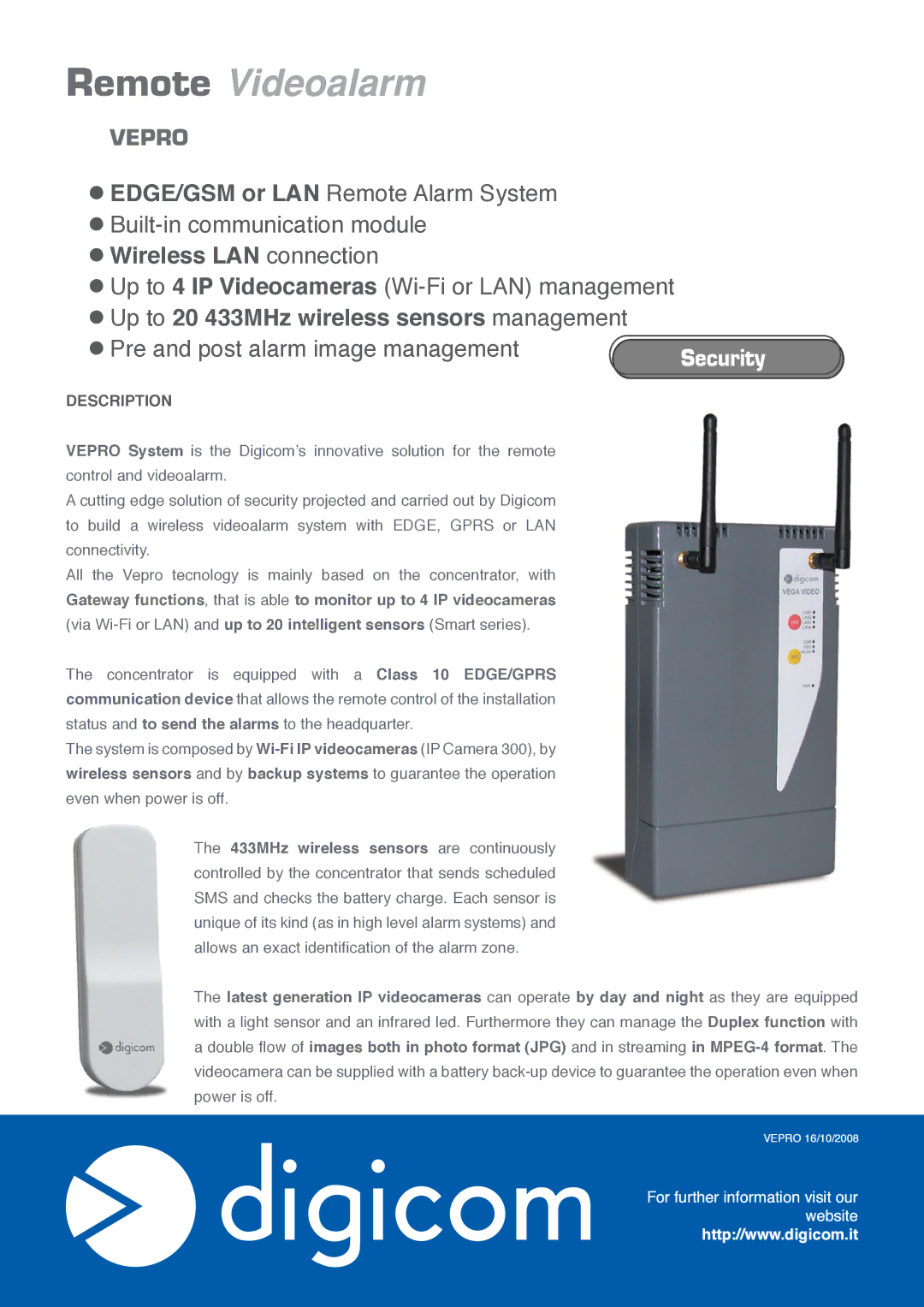 Digicom Remote Videoalarm manual Security, Description 