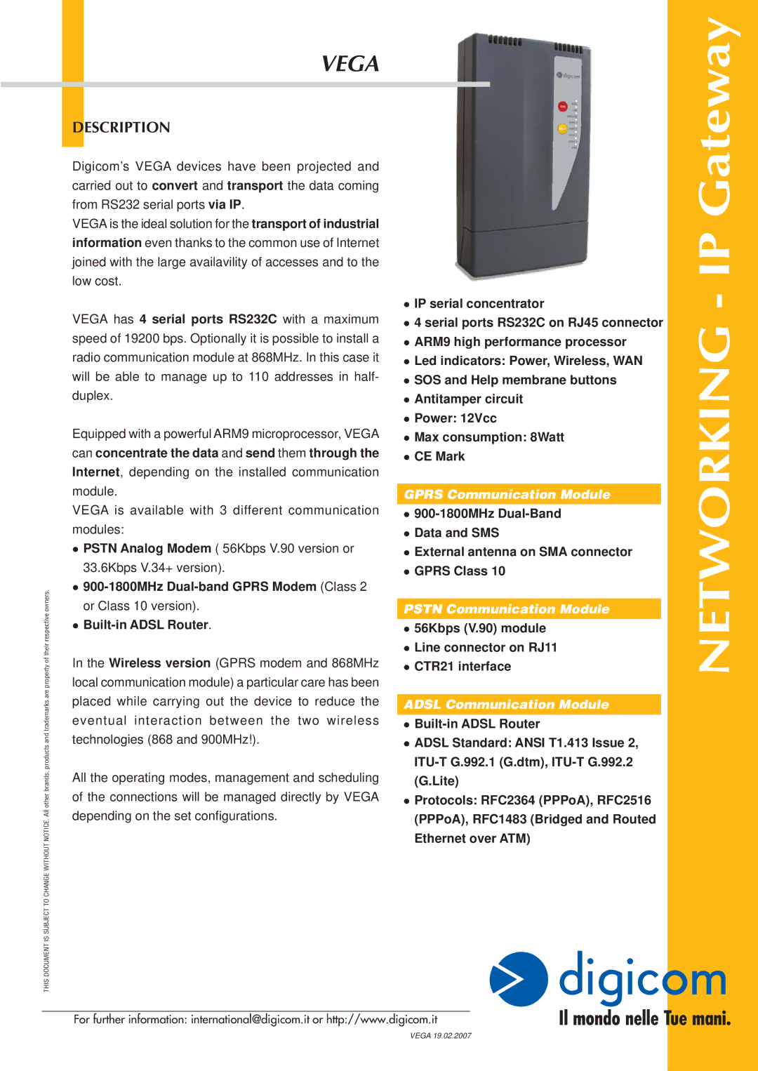 Digicom RS232 manual Networking IP, Gateway, Description 