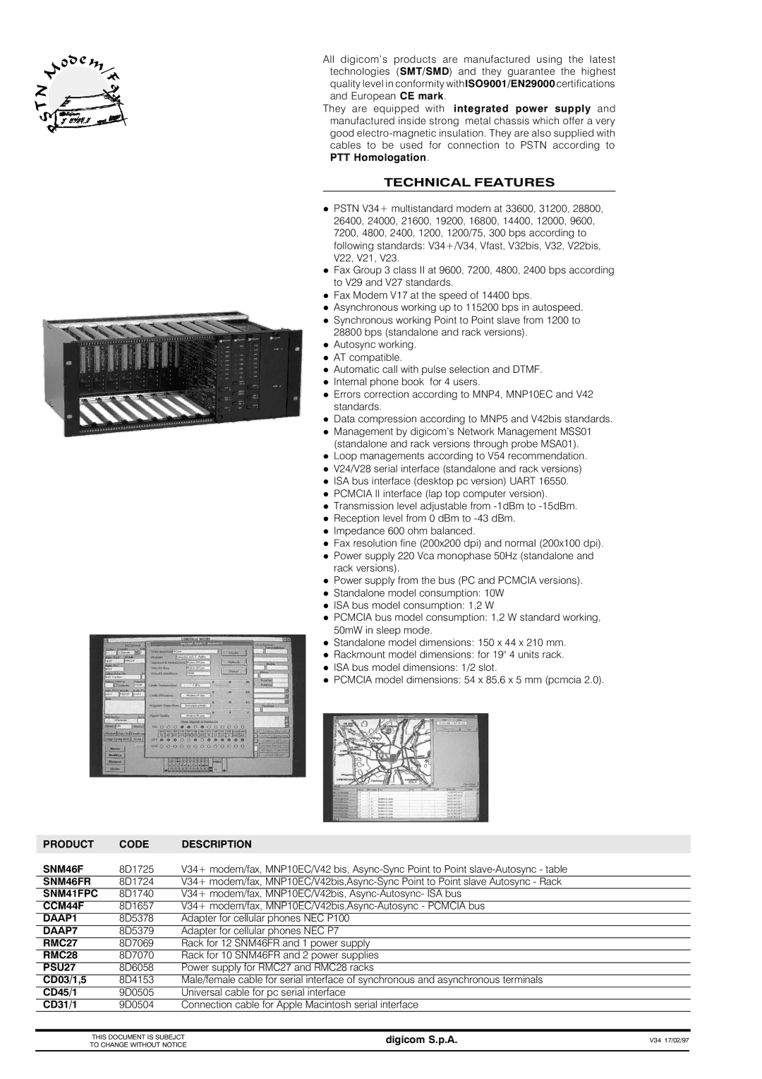 Digicom SNM46F manual Technical Features 