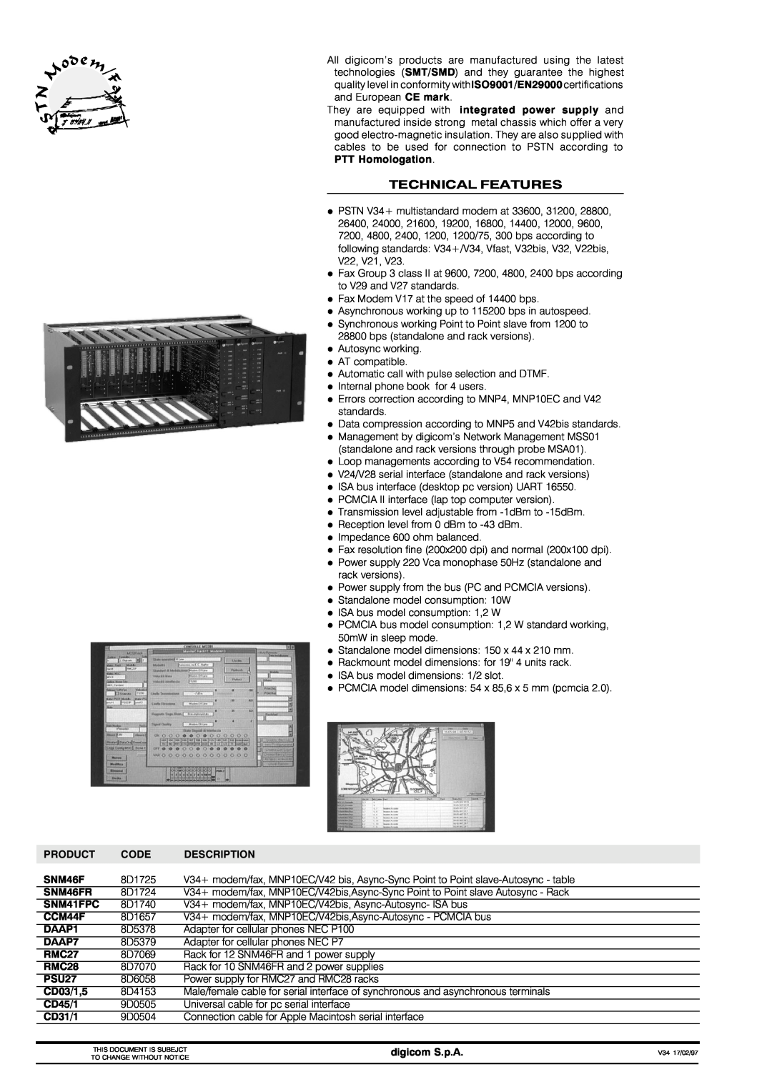 Digicom SNM46F manual Technical Features 