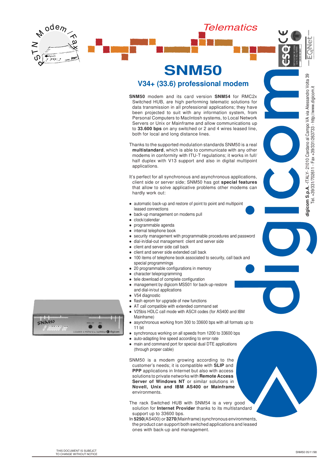 Digicom SNM50 manual V34+ 33.6 professional modem, Novell, Unix and IBM AS400 or Mainframe environments 