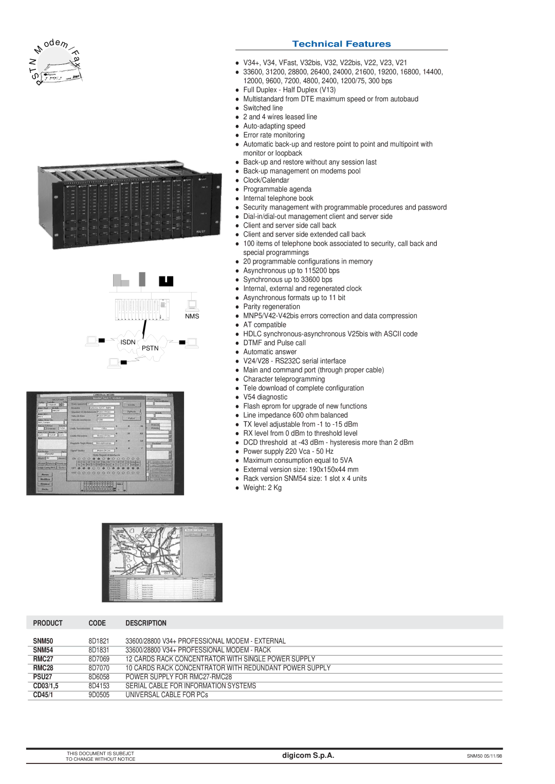 Digicom SNM50 manual Technical Features 