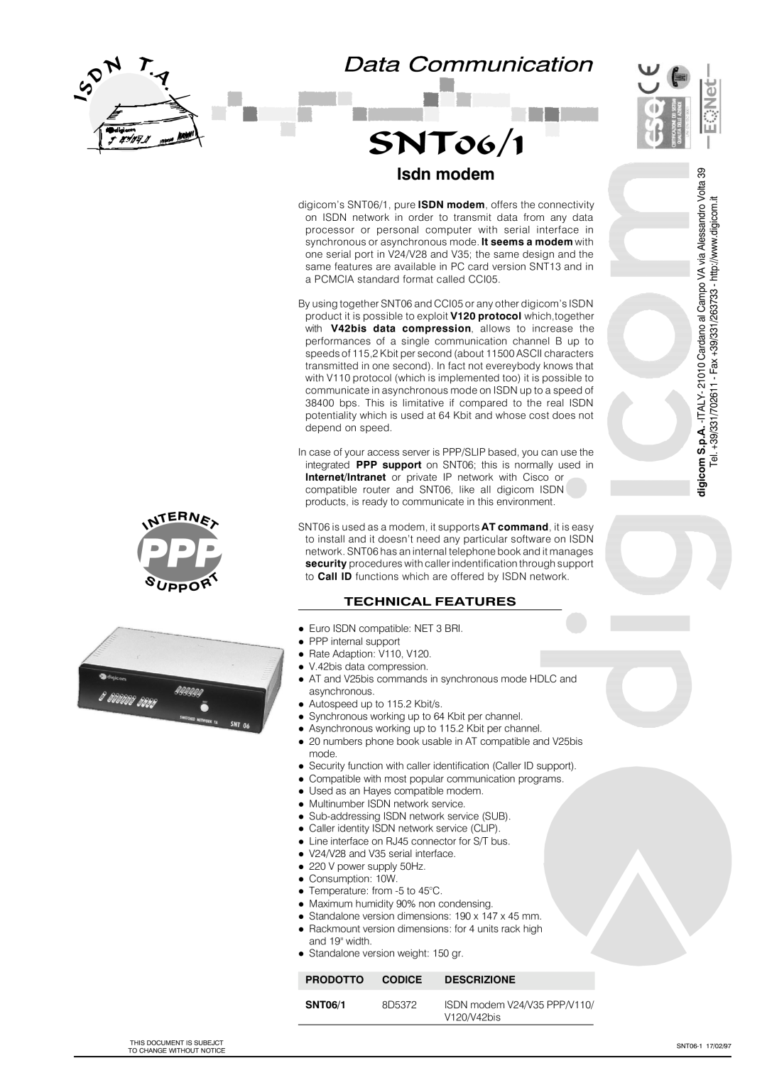 Digicom SNT06/1 dimensions Data Communication, Isdn modem, U Ppo, Technical Features 